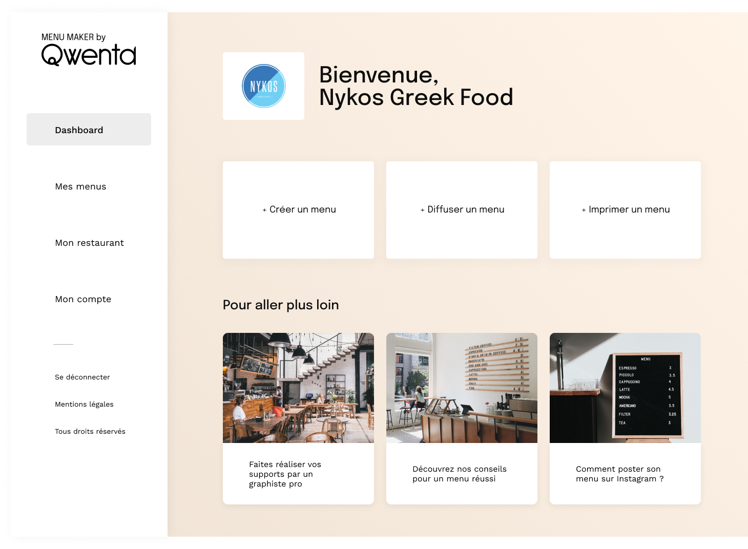 Dashboard du site Menu Maker